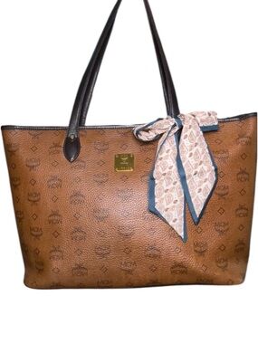 MCM Brown Monogram Tote with Black Leather Handles and Gold Plaque